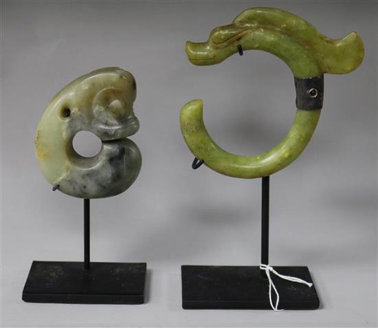 A Chinese hardstone pendant and a soapstone pendant Largest 11cm
